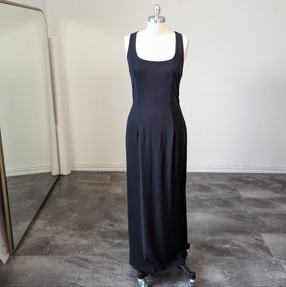 Vintage Jessica McClintock Gunne Sax Ribbed Jersey Long Maxi Dress Black 7/8 - Picture 1 of 10